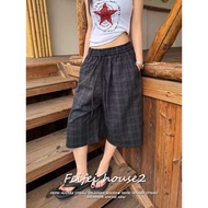 [Feifei-Color-block plaid pants]Women's Summer 7-Point pants Loose Casual Style With Drawstring Wais