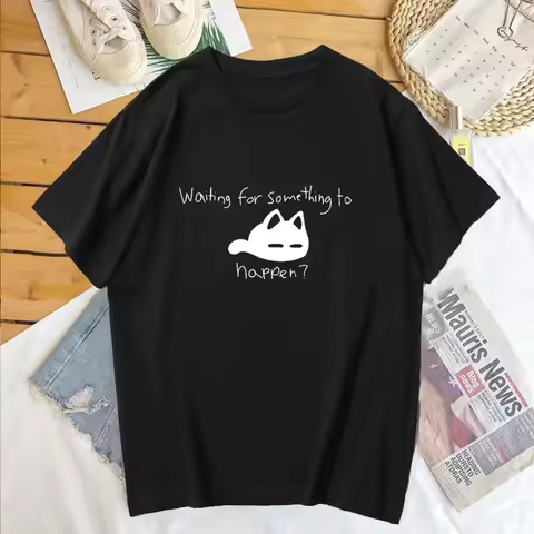 Women Waiting for Something To Happen Omori Cat Print T-Shirt Harajuku O-Neck Short Sleeve Casual So