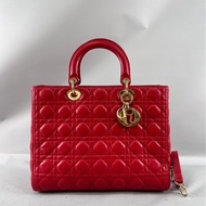 DIOR CAL44560 紅色 金釦 大號 黛妃包 Lady Dior 手提包 肩背包