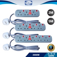 LMX 3, 4, 5 Gang Extension Socket [2M/5M Wire] 3 Pin Extension [SIRIM Plug Top] (Grey) 2000W Trailing Socket Light Indic