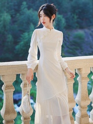 แขนยาวสไตล์จีนใหม่ ชุดกี่เพ้า เดรส ฤดูใบไม้ผลิ ฤดูร้อน งานแต่งงาน เดรส ชุดแม่บ้าน Qipao ชุดราตรี แบบ
