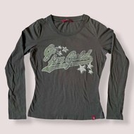 Esprit Olive Green Vintage-esque Statement Star Graphic Long-sleeved Top 90s Y2K