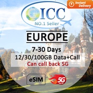 ICC eSIM - UK Europe 7-30 Days Data + Call /Best Coverage/Can call back SG/Europe eSIM/eSIM Europe(E