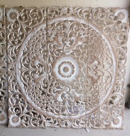 Mandala Wood Carving Panel 90 x 90 cm White Wash Lotus Wooden Plaque Wall Art Hanging Mandala Bohemi