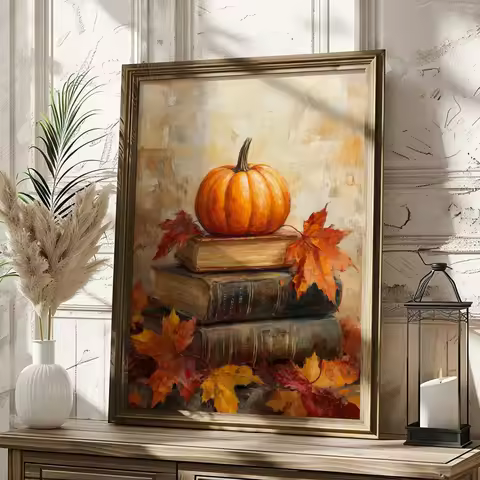 Pumpkins on The Book Autumn Canvas Print Poster Vintage Rustic Cozy Cottagecore Book Art Prints Bedr