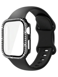 2入組Apple Watch手帶+手錶殼女士黑色柔軟防汗蝴蝶扣矽膠手帶套裝，附閃亮鑽石裝飾PC手錶框和鋼化玻璃屏幕保護整合手錶保護殼，兼容Apple Watch Series 4/5/6/Se/7/8/9和Ultra/Ultra2，時尚運動手錶帶保護殼，配件方便舒適Apple Watch表帶+手錶殼