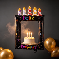 28 Inch Spanish Happy Birthday Photo Frame Foil Balloon With Candle Design, Spanish Language Selfie 