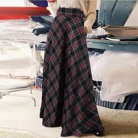 Women's High Waisted Plaid Maxi Skirt Casual Loose A-Line Long Skirt Elegant Checkered Swing Skirt w