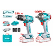 【TOTAL】Li-ion Cordless Brushless Drill 52Nm & Brushless Impact Wrench 400Nm 2 Pcs Combo Kit TCKLI202