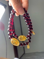 6mm天然原礦石榴石 花珀蛋面吞金獸設計單圈手串s