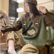 Vintage embroidered lady's wool vest Set, women's wool vest with Korean loose doll shirt 5673