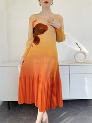 L-1028F# One Size (45-75kg) Spring and Summer Print Womens Pleated Midi Loose Dress