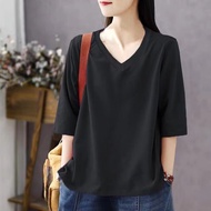 大码T恤plus-size T-shirt  夏装300斤特大码女装240宽松慵懒百搭遮肉200斤纯色V领短袖上衣+ZLD+