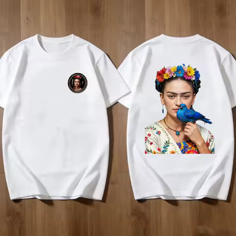 Mexican Frida Kahlo T-Shirt Women Double Sided Floral Bird Portrait Graphic Vintage Artist Print Cas