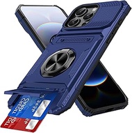 Case for iPhone 15 Pro Max Case Built-in Card Holder [Store 2 Cards] 360° Ring Kickstand Heavy Duty 