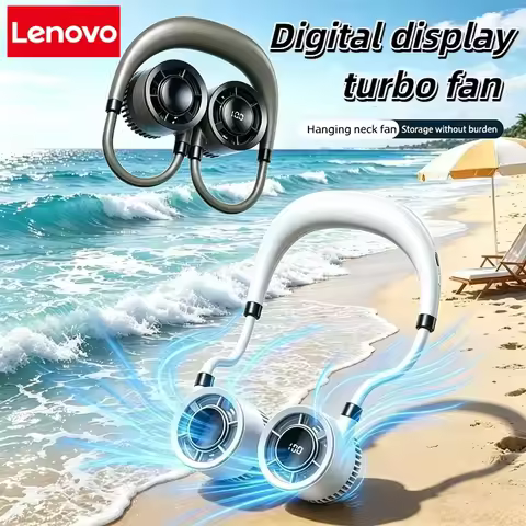 Lenovo Digital Display Turbo Hanging Neck Mini Fan Ultra Lightweight Portable Wearable Neck Cooler F