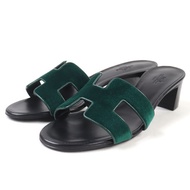 Unused Hermès 2023 Oasis H Motif Velvet and Leather Sandals/Mules, Green/Black, Size 37.5, Comes wit