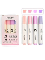 4入組Tacotaco螢光筆套裝，淡色漫畫印花藝術標記筆，適用於繪畫繪畫