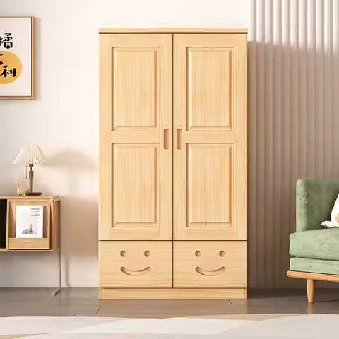 Solid wood wardrobe door open bedroom small apartment children's storage cabinet log full solid wood