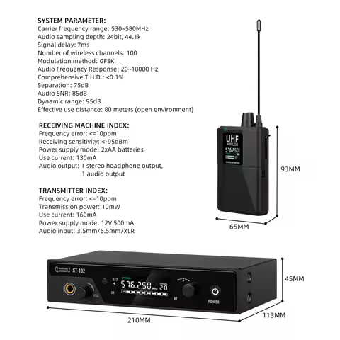 Debra ST-102 Wireless In-Ear Monitor System Stereo Bluetooth 5.0 80-300m Transmission For Recording 