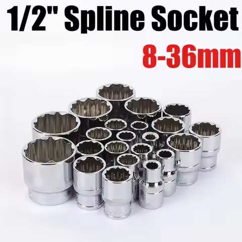 8-36mm Spline Socket Set 1/2" Drive Universal Metric 12-Point Cr-V Multi-Tooth Socket Set for Car Au