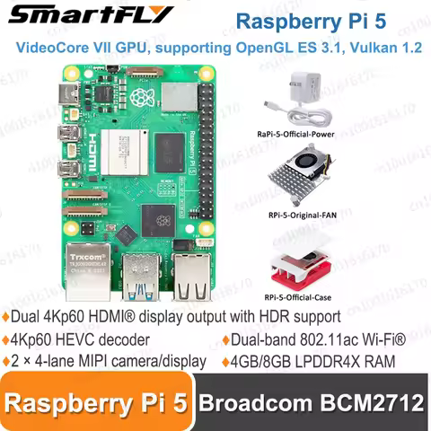 Raspberry Pi 5 Official Original Model Pi5 4GB / 8GB RAM Option Broadcom BCM2712 SOC 4Kp60 HEVC Deco