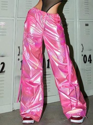 Y2k 全息粉紅色有蓋口袋側邊帶絲帶抽繩腰闊腿降落傘工裝褲日常休閒舒適長褲情人節套裝