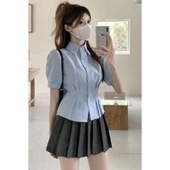 Blue Short-Sleeved Shirt Women Design Niche Preppy Style jk Small Slimmer Look Narrow-Waisted Shirt 