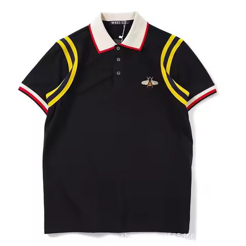 Trendy Gg European American Style Embroidered Small Bee Black Short Sleeve Stand Collar T-shirt Loos