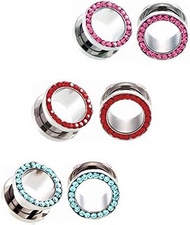 White Black Light Blue 3 Pairs Stainless Steel O Ear Gauges Cubic Zirconia Tunnel Ears Screw Back Bo