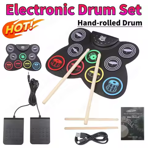 Hand Roll Drum Electronic Drum Set Roll Up Drum Practice Pad 9 Pads Tabletop Drum Set Pedal Controll