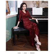 [40-80kg] Sequin dress Woman Three-Quarter Sleeve Long dinner dress gown petite dress 晚礼服 女 晚宴 禮服 宴會