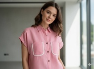 AT Huv เสื้อเชิ้ต อก 44 ยาว 23 เสื้อแขนสั้น แขนในตัว เสื้อผ้าลินิน แท้ 100% เส้นใยธรรมชาติ พิมพ์ลาย 