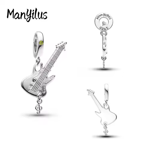 Manyilus 925 Sterling Silver Electric Guitar Dangle Charm Music Instrument Pendant Fit Bracelet Rock