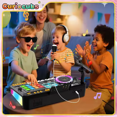 Kid DJ Mixer with Microphone Electronic Piano Keyboard Bluetooth DJ Turntable Console Junior Musical