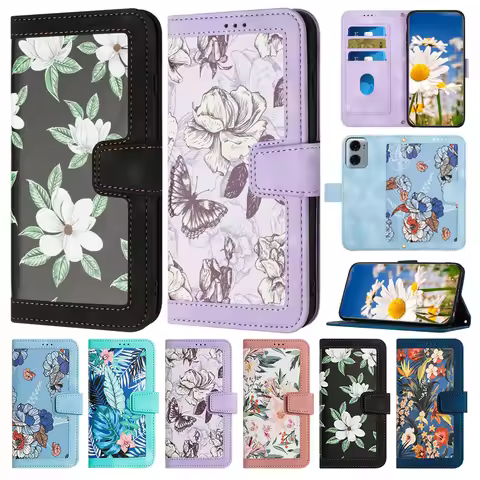 Leather Flip Wallet Case for Motorola Moto G05 G14 G15 Power G24 G34 G54 G84 E15 G 5G Play Flowers S