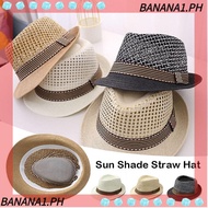 BANANA Straw Fedora Hat, Breathable Trilby Sun Cap, Outdoor Straw Short Brim Floral Hat Man