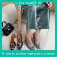 Denim heels for women classy elegant sandals tumit tinggi 2 inci kitten buckle Pointed heels wanita