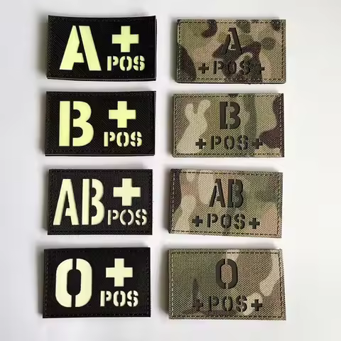 5*8.5CM Camouflage,Black Blood Group Patch Glow in the Dark,A+ B+ O+ AB+ POS Positive Hook Loop Patc