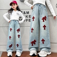 New 2024 Spring Autumn Teenagen Girls Jeans Towel Embroidered Wide Leg Long Pants Baggy Denim Trousers for 4-13yrs Kids Girl