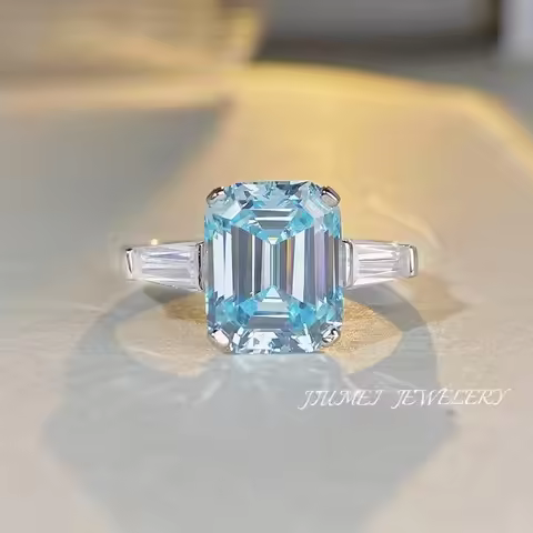 Luxury Solid Platinum PT950 Aquamarine 6 karat Diamond Ring Women's Moissanite Ring