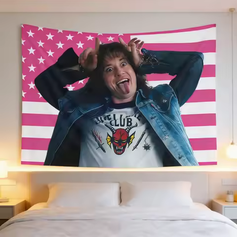 Eddie Munson Pink Flag Tapestry, Joseph Quinn Inspired Print, Assorted Grommets, Bright Aesthetic Wa