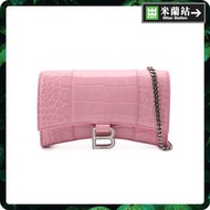 Balenciaga Hourglass Shiny Crocodile Embossed Chain Wallet for Women in Pink