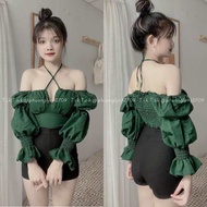 Áo kiểu nữ nhúng tay bo chun tay dài trễ vai cổ vuông phố dây nơ mặc 2 kiểu SL