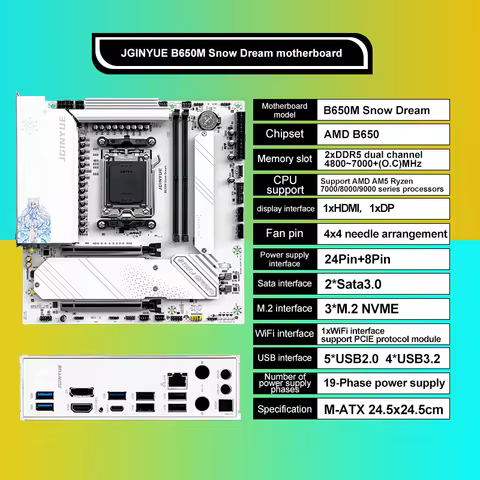 JGINYUE B650M Snow Dream AM5 DDR5 ARGB M-ATX Motherboard For Gaming PCIe 4.0×4 M.2 For CPU 9700X/990