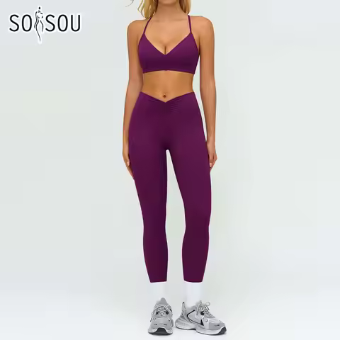 SOISOU Women's Tracksuit Gym Fitness Set Woman 2 Pieces No Front T Line Leggings Sports Sling Strap 