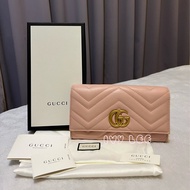 GUCCI 古馳 443436 GG Marmont絎縫紋牛皮金屬雙G LOGO長夾 粉色  二手精品