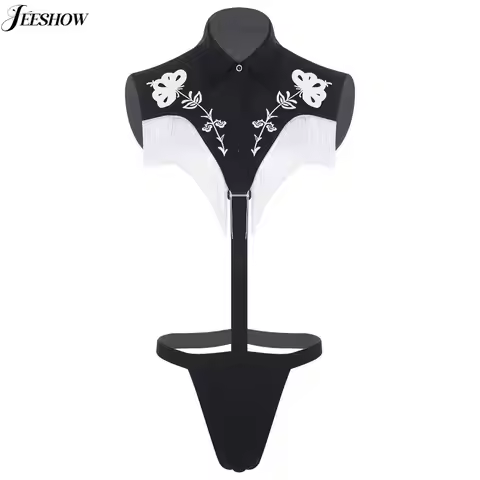 Mens Western Cowboy Lingerie Costume Flower Print Fringe Turnover Collar Sleeveless Bodysuit Suspend