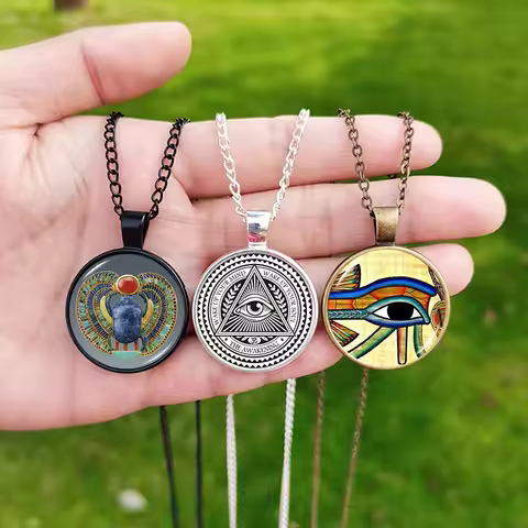 Eye of Horus Scarab Necklace Egypt Protection Pendant Glass Cabochon Goddess Jewelry for Men Women