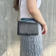 Chanel魚子醬牛皮長夾手提肩背斜肩袋 送肩帶 保證卡 原裝盒 中古